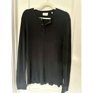 7 For All Mankind Men's L Black Pima Cotton Waffle Henley Raw Hem Long Sleeve